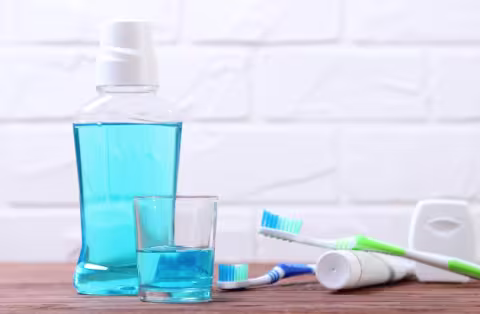 Mouthwash toothbrush toothpaste still life